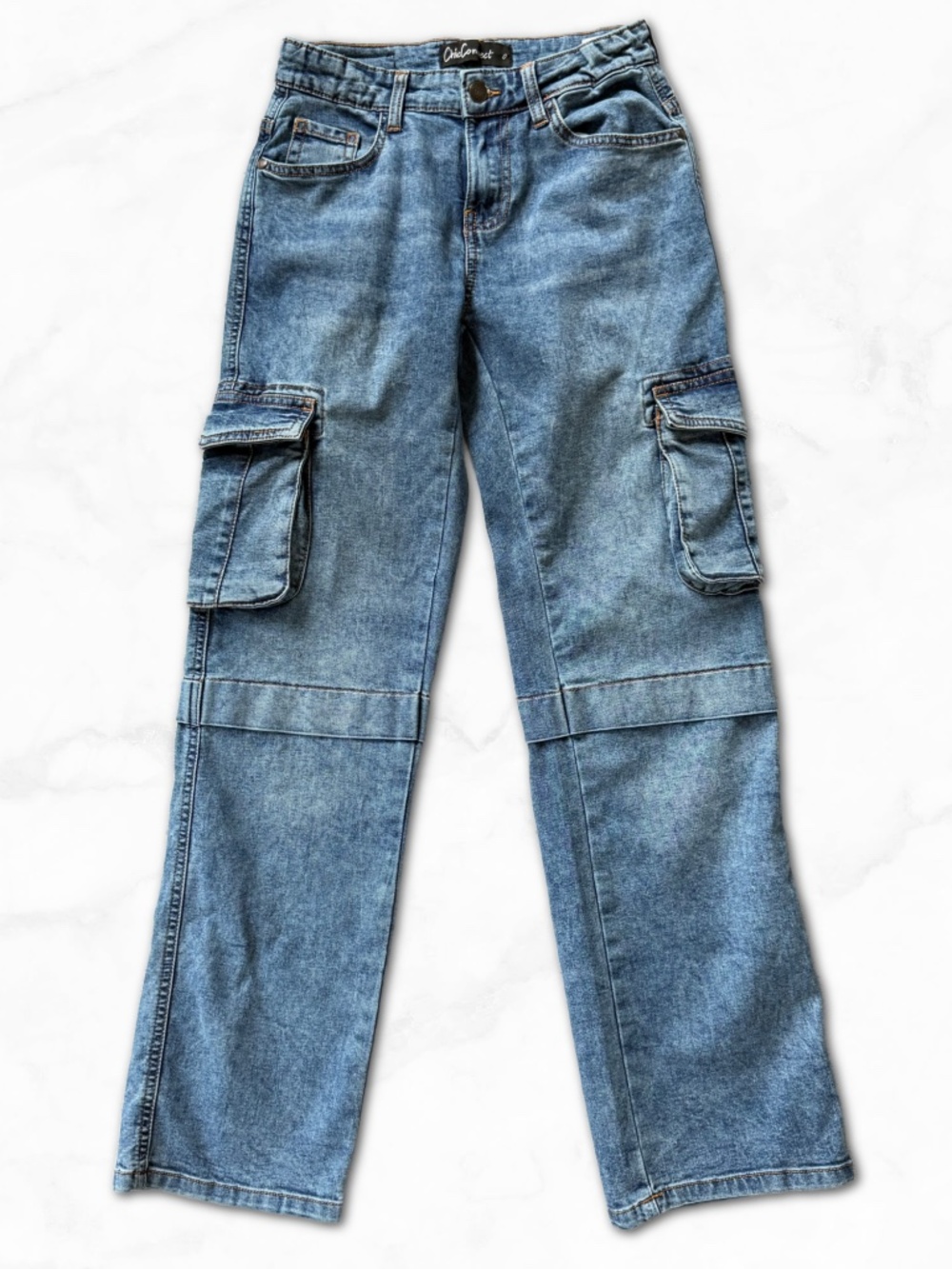 Y2K Wide / Straight Leg Cargo Jeans Light Wash Mid Rise Stretch Chic Connect 0